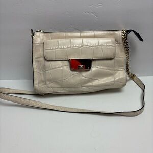 Milly Cream and Gold Crossbody Bag Croc Leather Print Purse Chain Strap